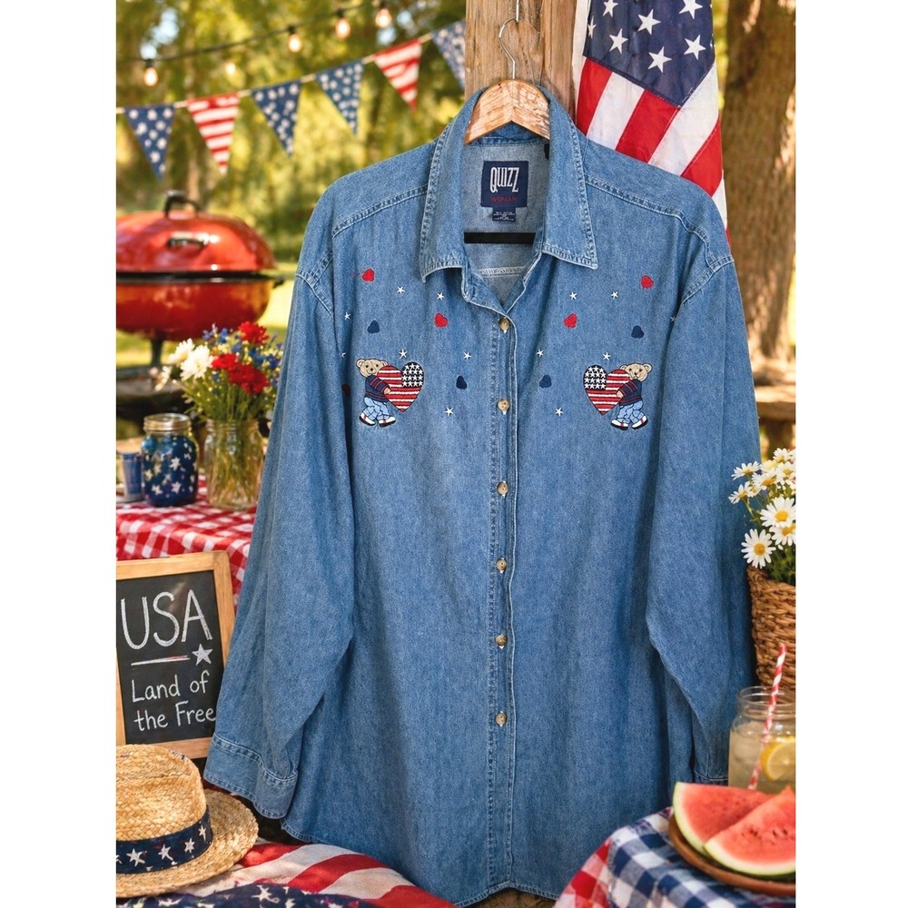 Vintage 90s Teddy Bear American Flag Embroidered Denim Shirt Quizz Woman 22